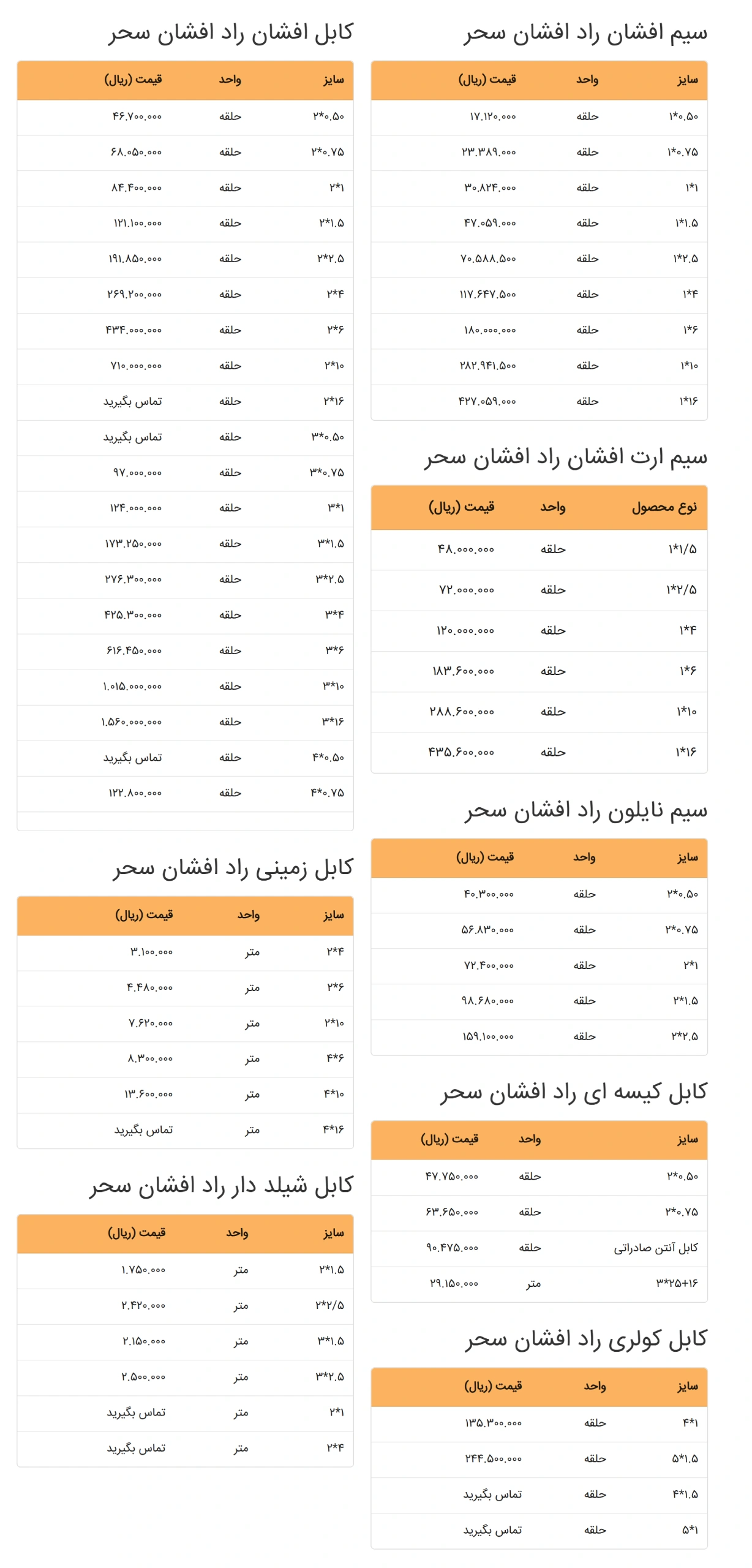 لیست قیمت سیم و کابل رادافشان سحر